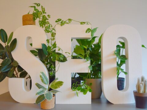 a white sign with plants and a potted plant next to it